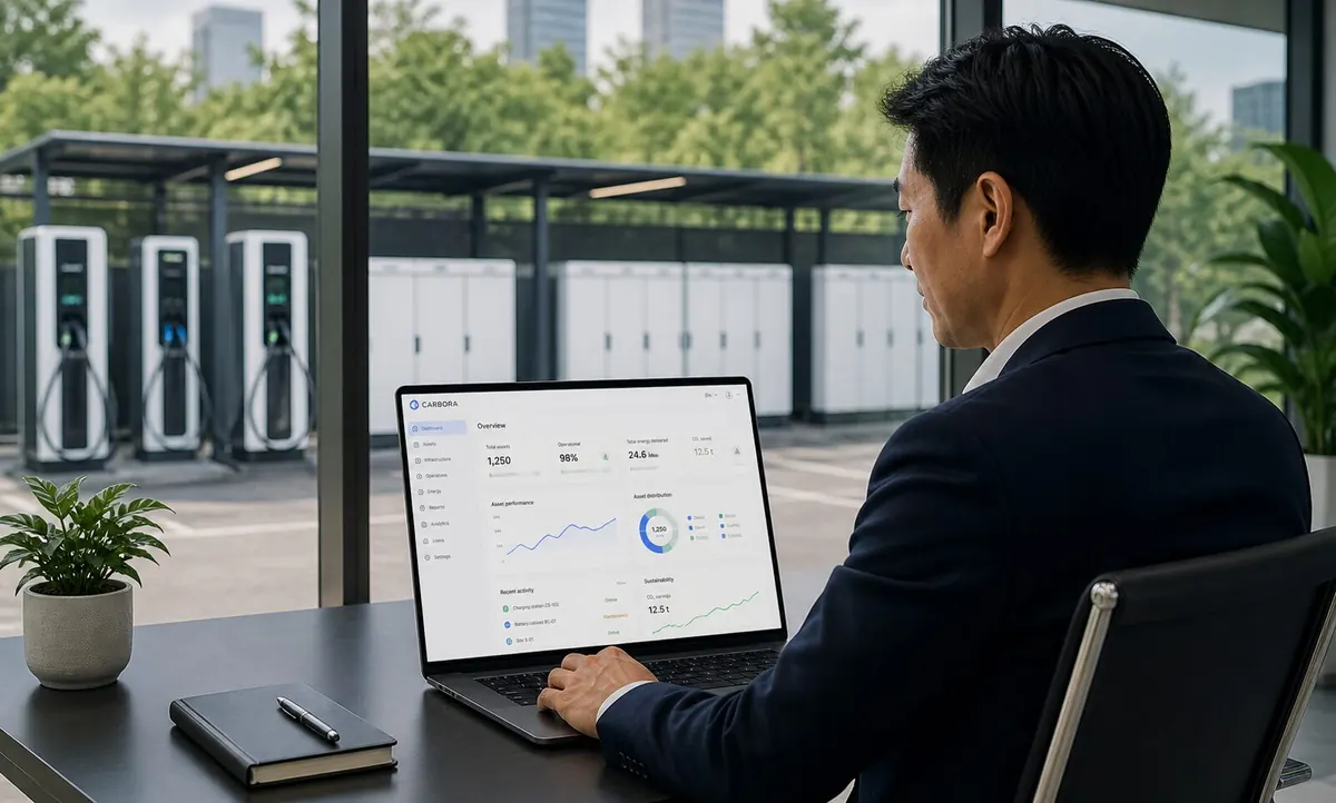 Asset owner reviewing Carbora dashboard with charging stations and battery cabinets visible through office windows