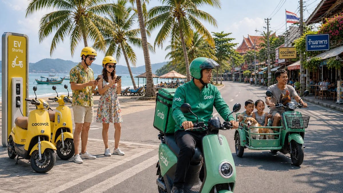 Users accessing shared EV scooters via mobile app on a tropical street